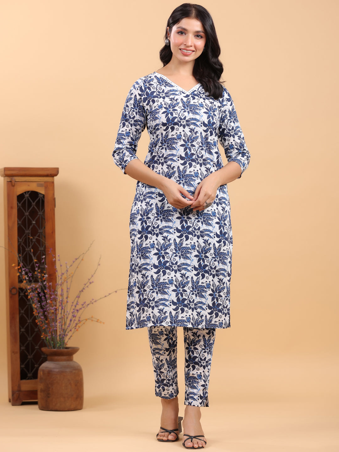 White & Navy Pure Cotton Floral Printed Straight Kurta Set