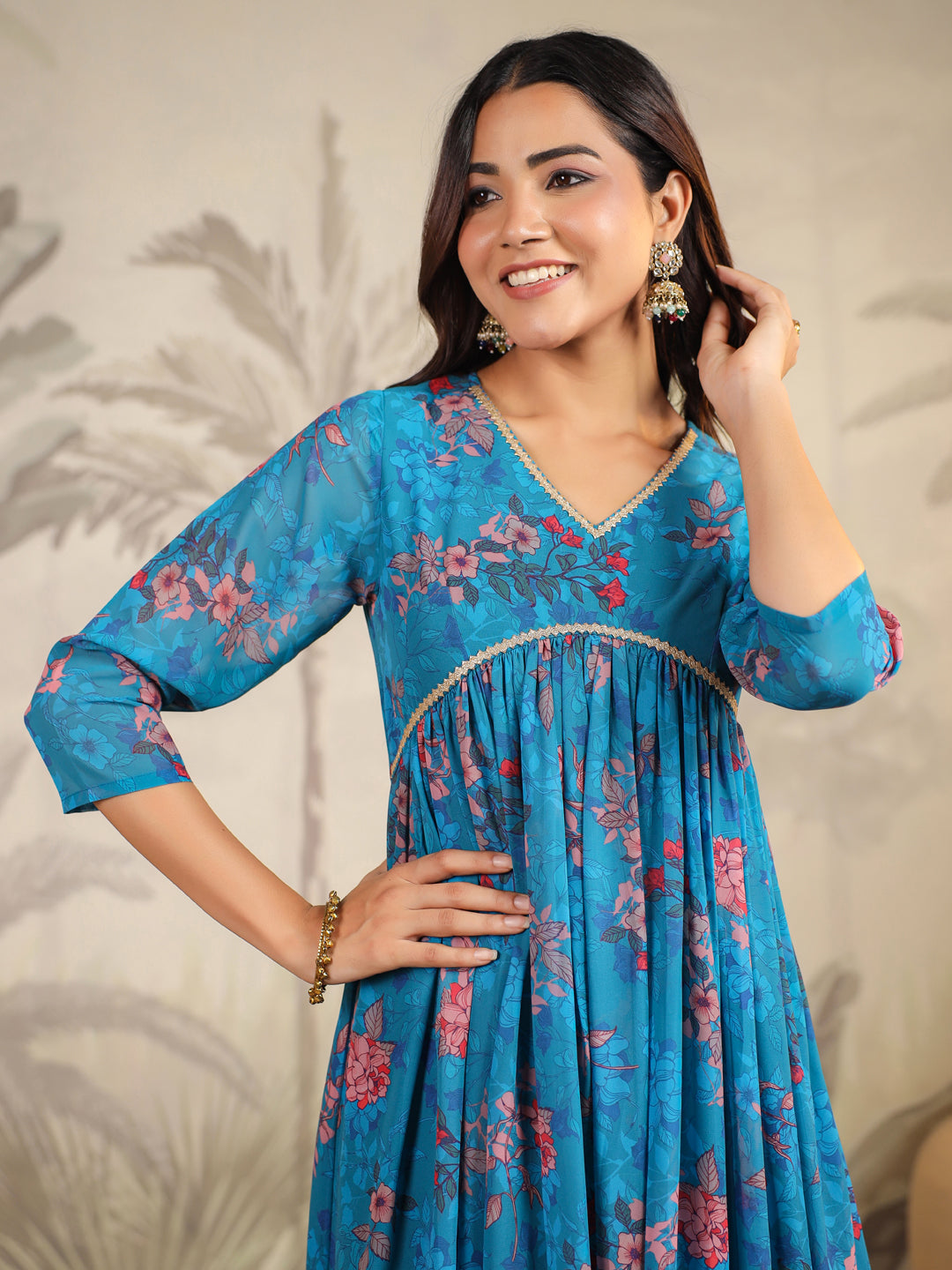 Blue Georgette Floral Printed A-Line Kurta Set