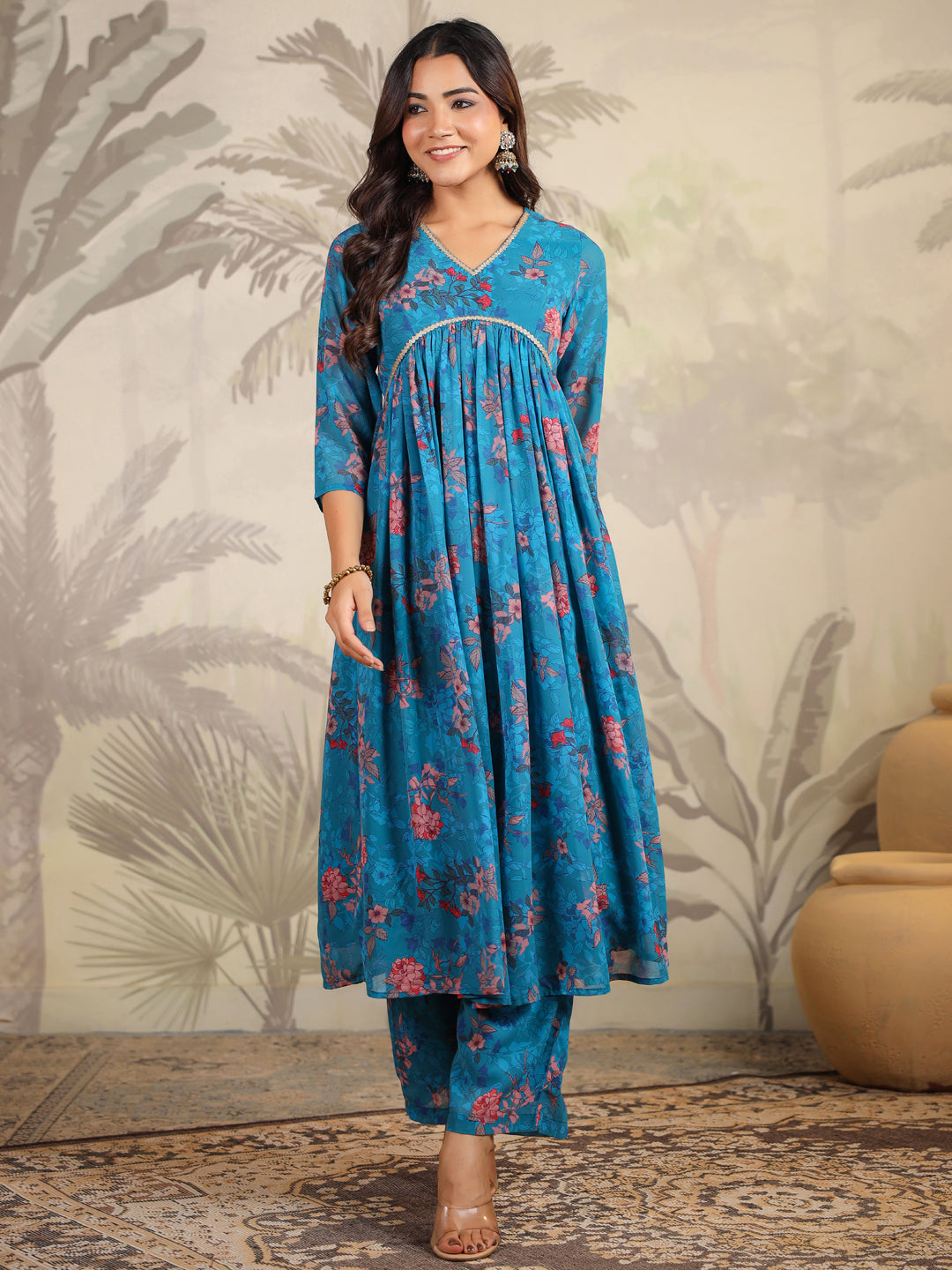 Blue Georgette Floral Printed A-Line Kurta Set