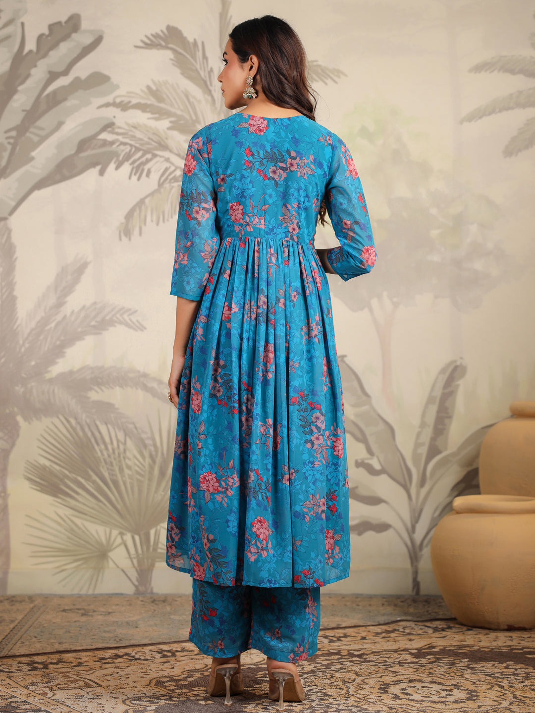 Blue Georgette Floral Printed A-Line Kurta Set