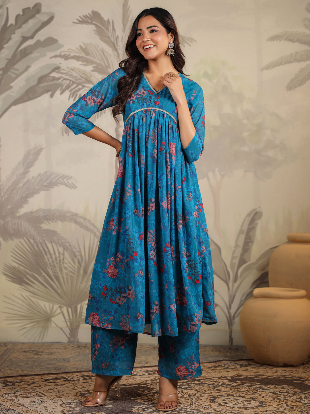 Blue Georgette Floral Printed A-Line Kurta Set