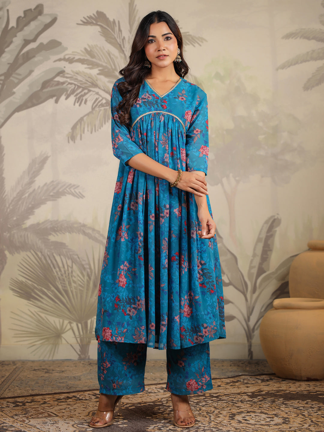 Blue Georgette Floral Printed A-Line Kurta Set