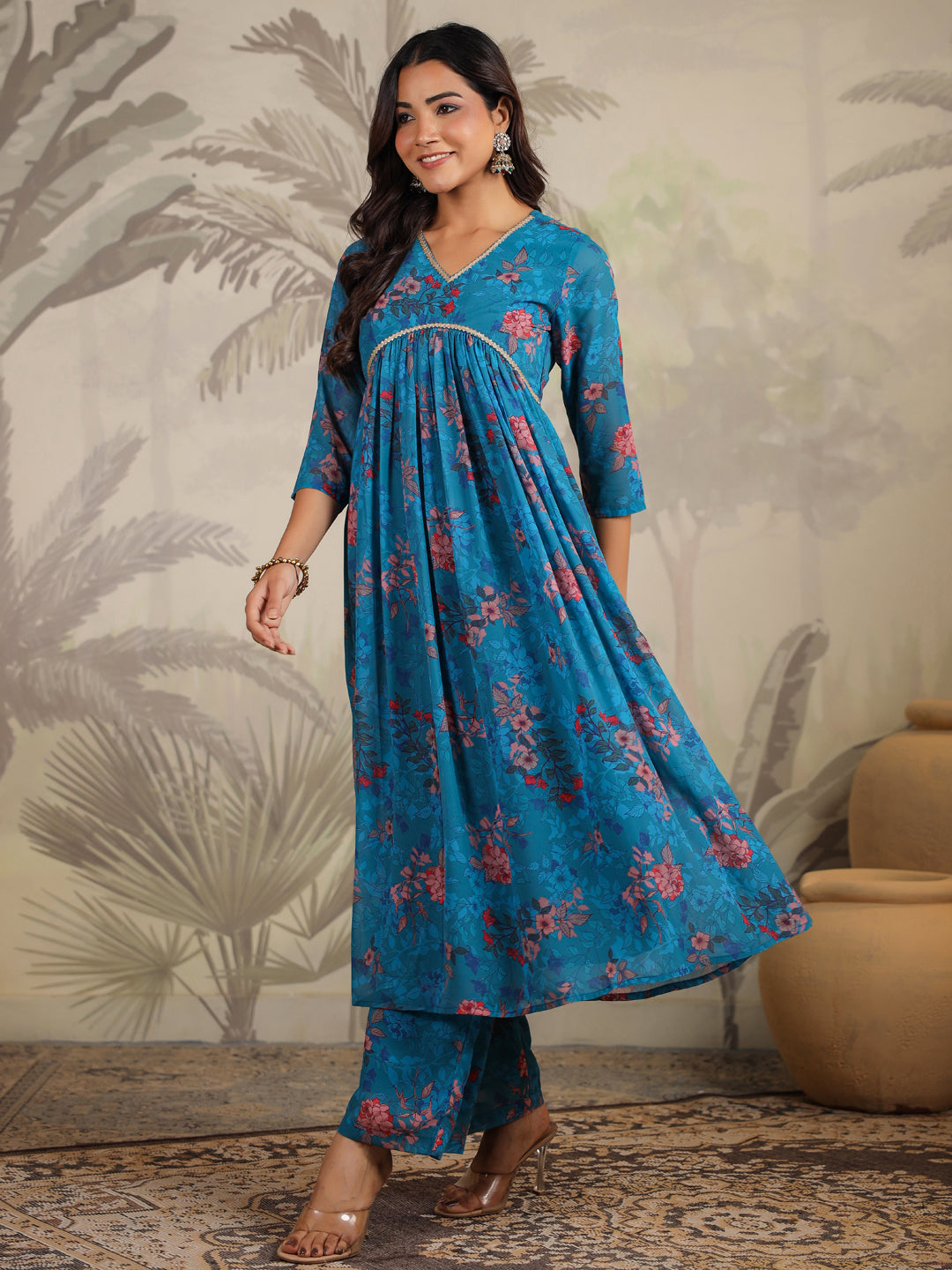 Blue Georgette Floral Printed A-Line Kurta Set