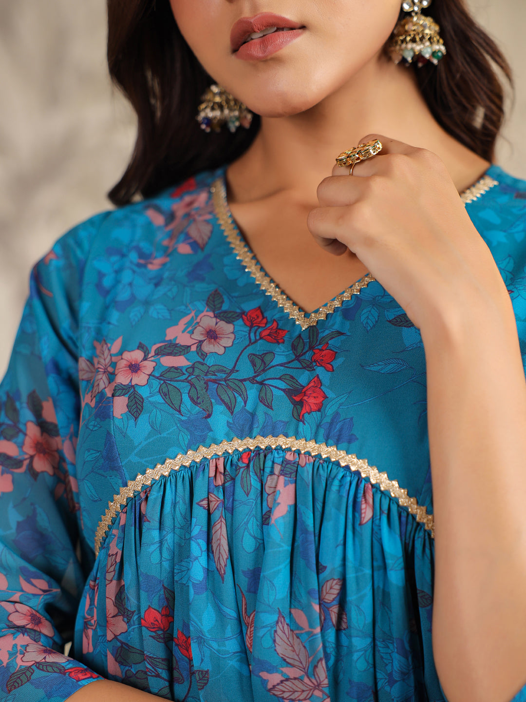 Blue Georgette Floral Printed A-Line Kurta Set