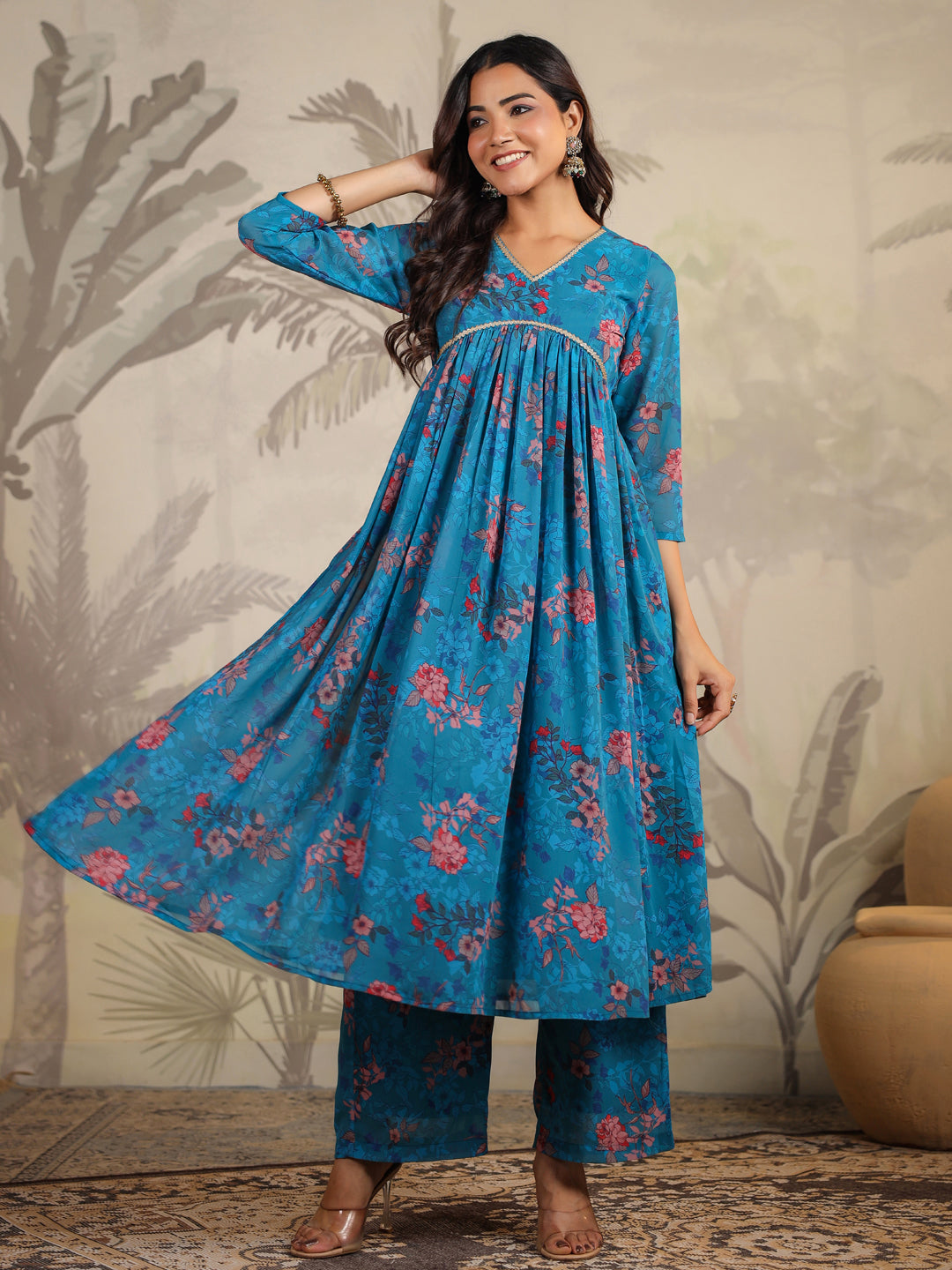 Blue Georgette Floral Printed A-Line Kurta Set