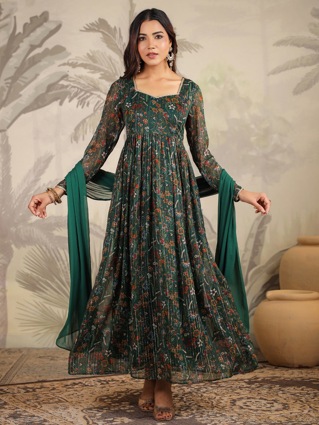 Dark Green Chiffon Floral Printed Anarkali Kurta with Dupatta Set