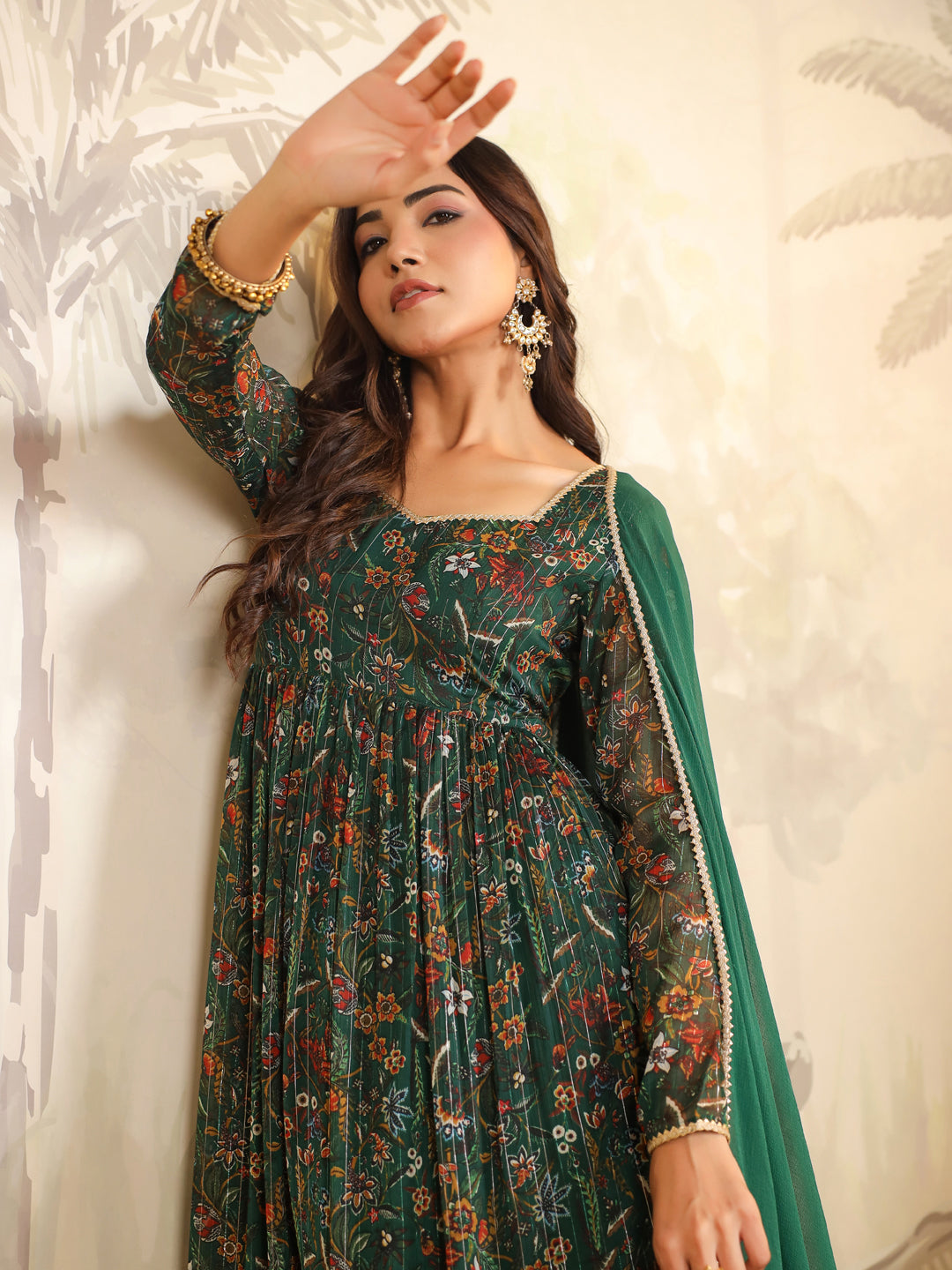 Dark Green Chiffon Floral Printed Anarkali Kurta with Dupatta Set