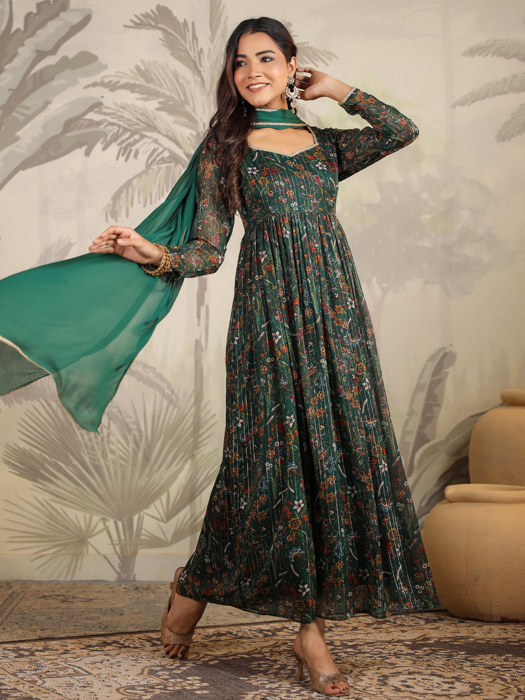 Dark Green Chiffon Floral Printed Anarkali Kurta with Dupatta Set