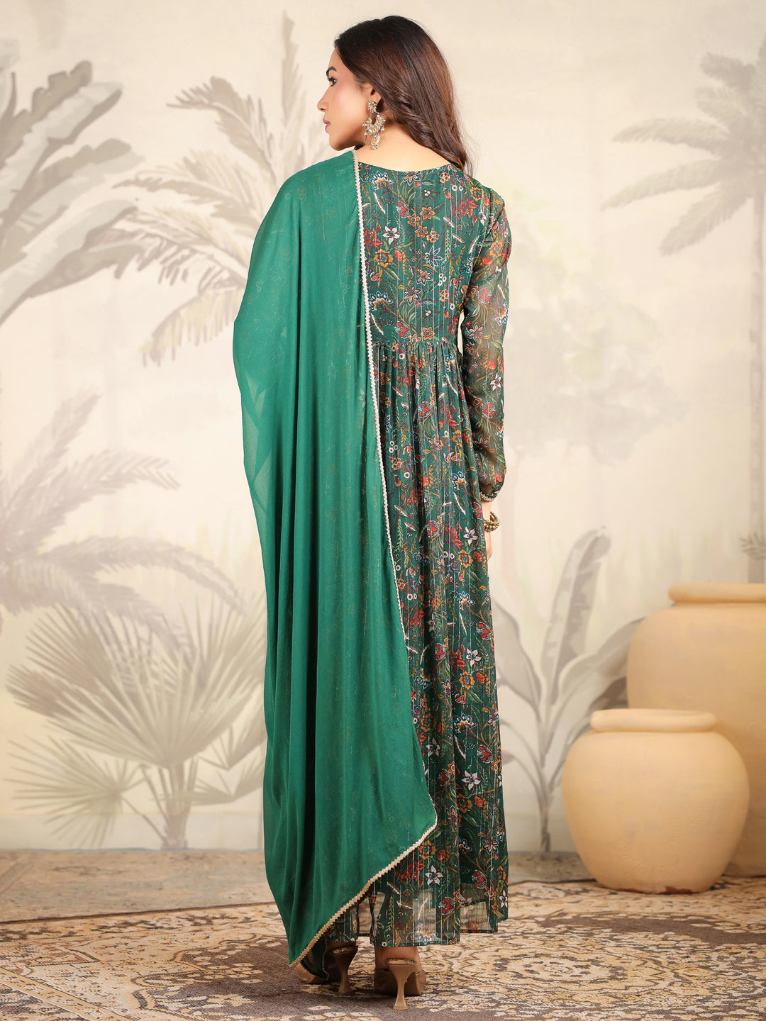 Dark Green Chiffon Floral Printed Anarkali Kurta with Dupatta Set