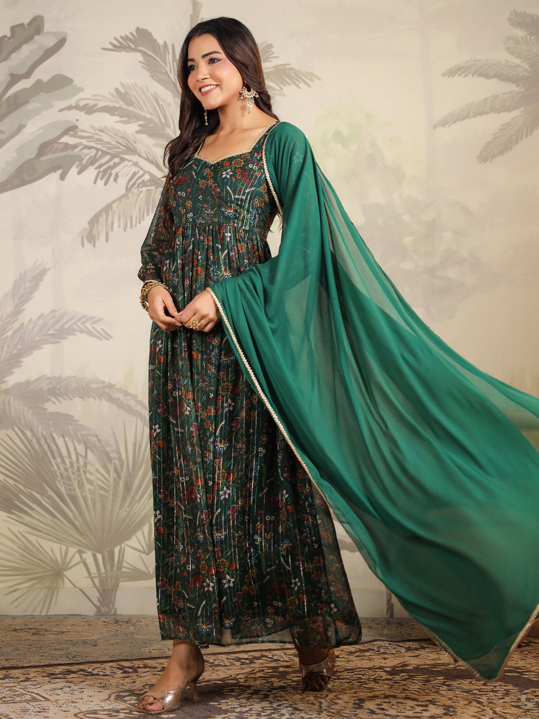 Dark Green Chiffon Floral Printed Anarkali Kurta with Dupatta Set