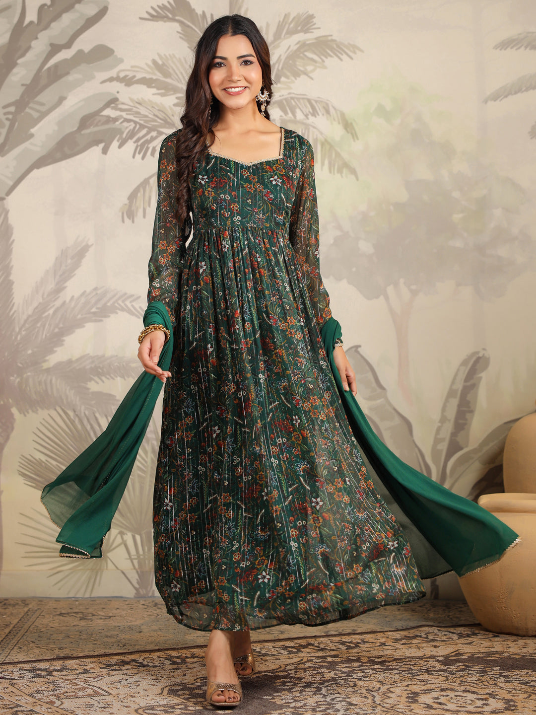 Dark Green Chiffon Floral Printed Anarkali Kurta with Dupatta Set