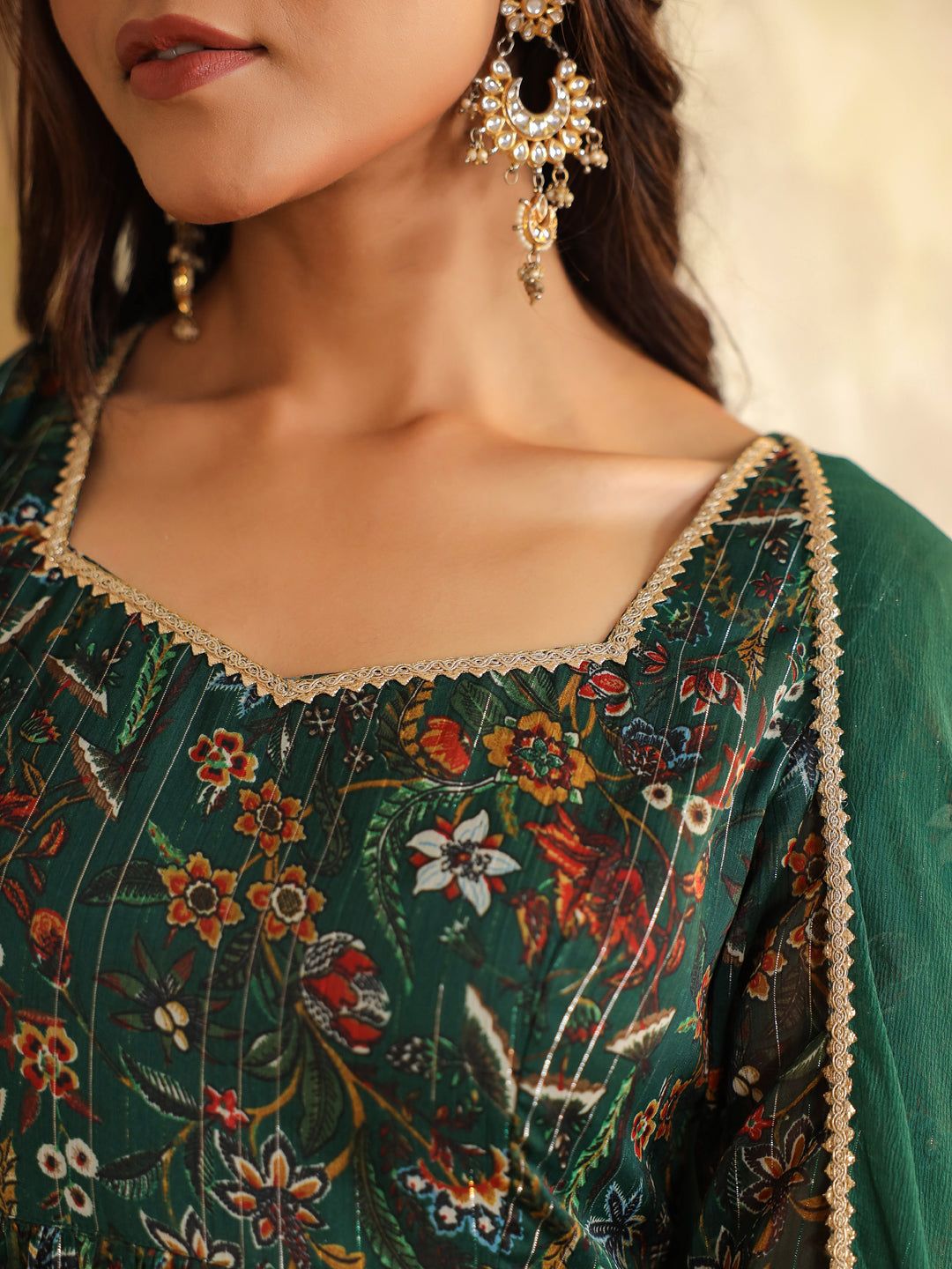 Dark Green Chiffon Floral Printed Anarkali Kurta with Dupatta Set