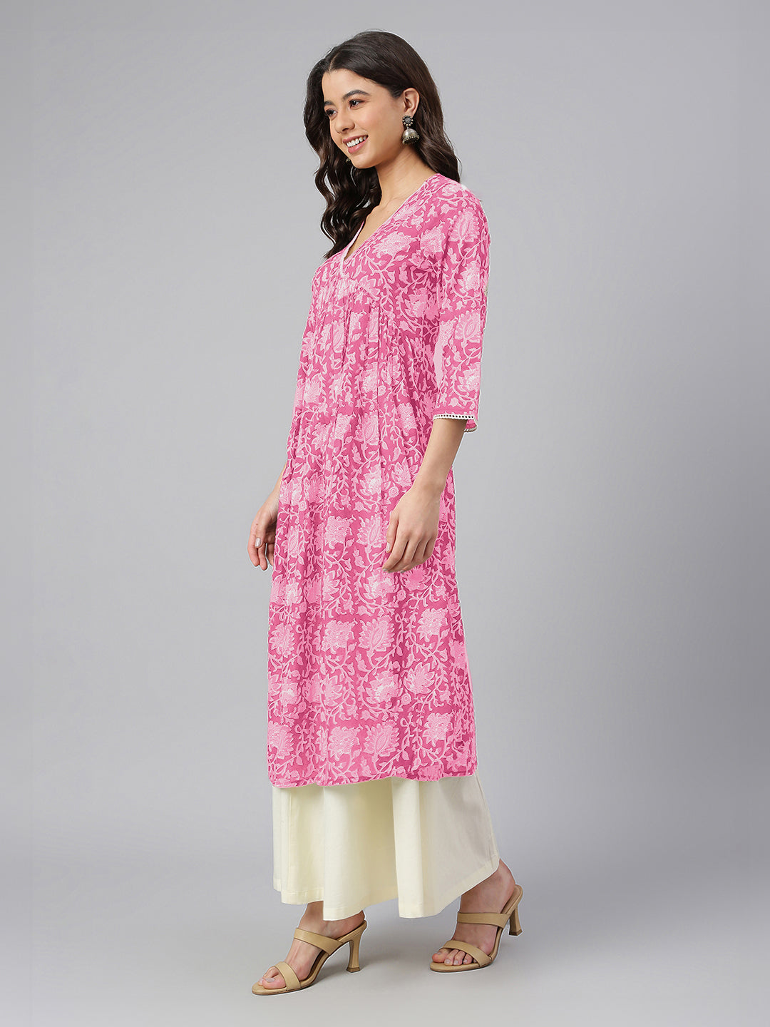 Pink Pure Cotton Floral Printed Flared Kurta