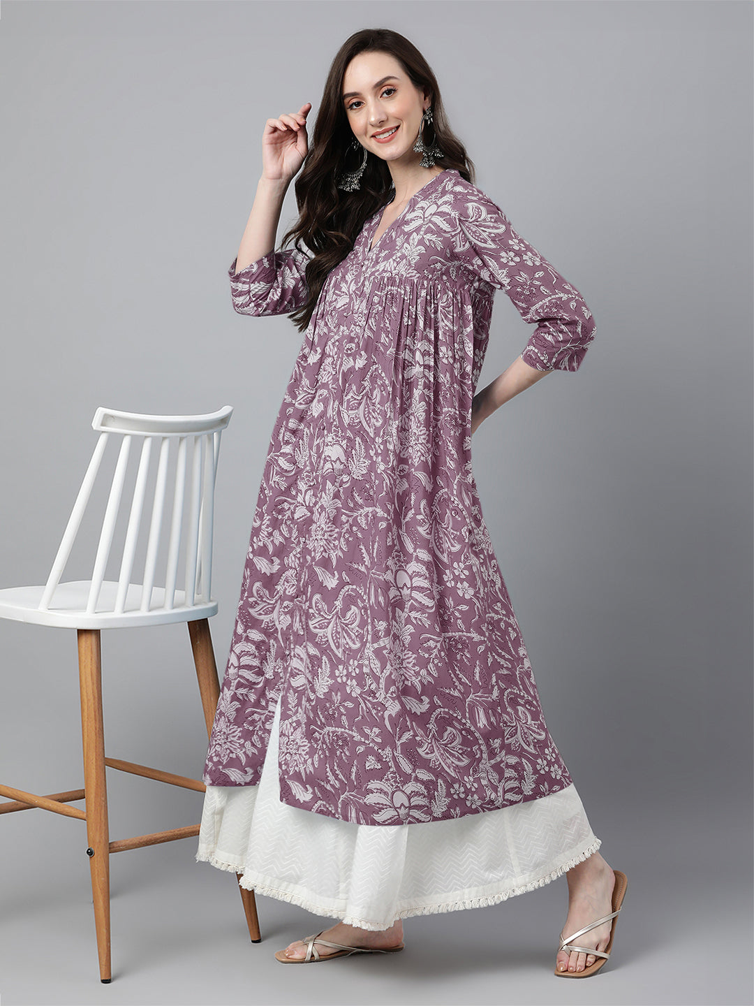 Purple Pure Cotton Floral Printed Flared Kurta