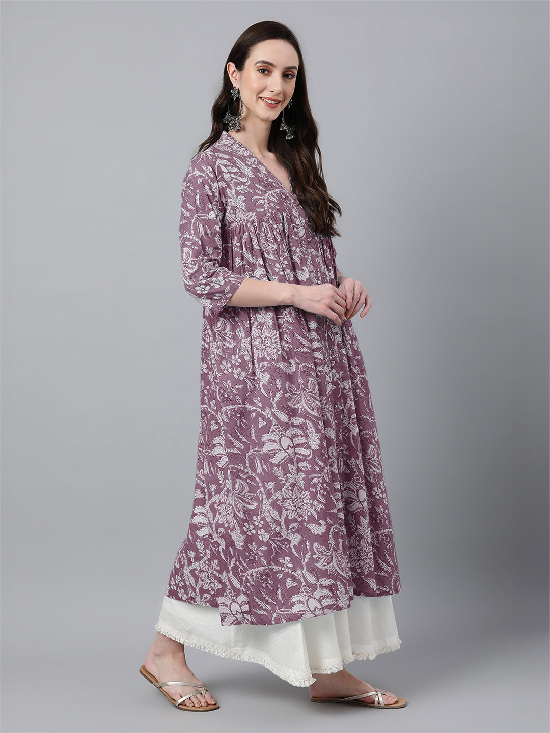 Purple Pure Cotton Floral Printed Flared Kurta