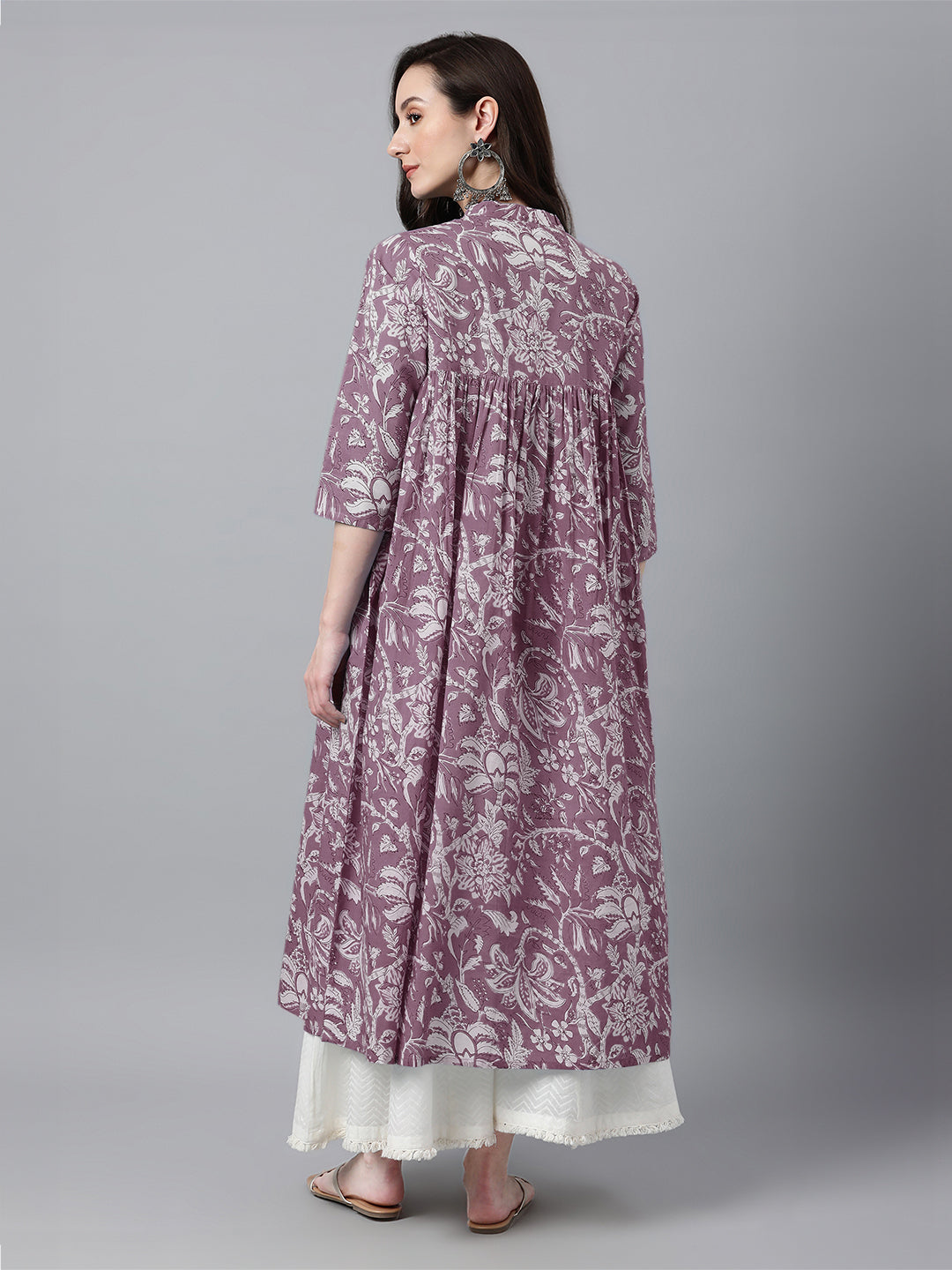 Purple Pure Cotton Floral Printed Flared Kurta