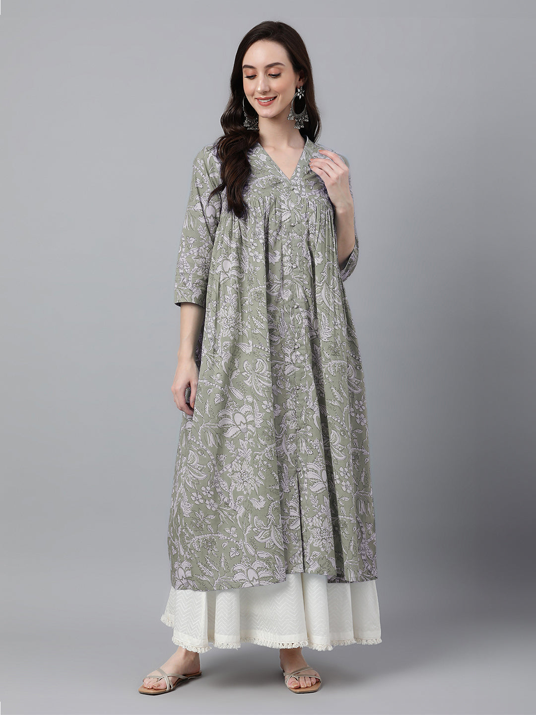 Light Green Pure Cotton Floral Printed Flared Kurta