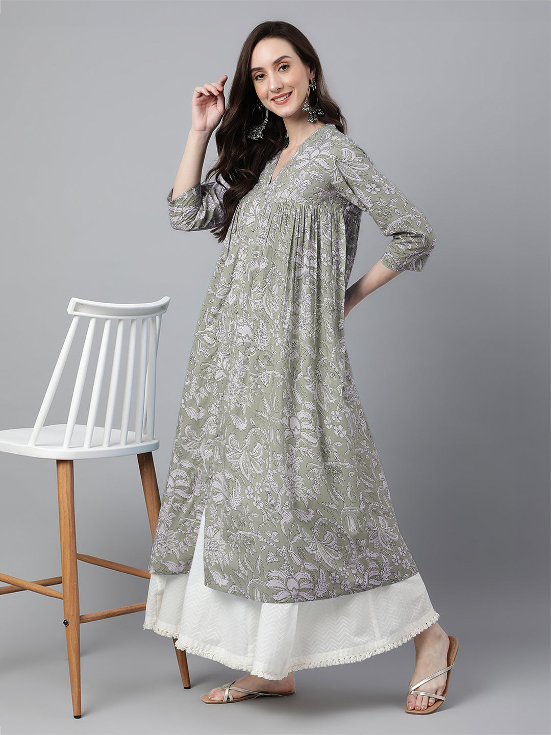 Light Green Pure Cotton Floral Printed Flared Kurta