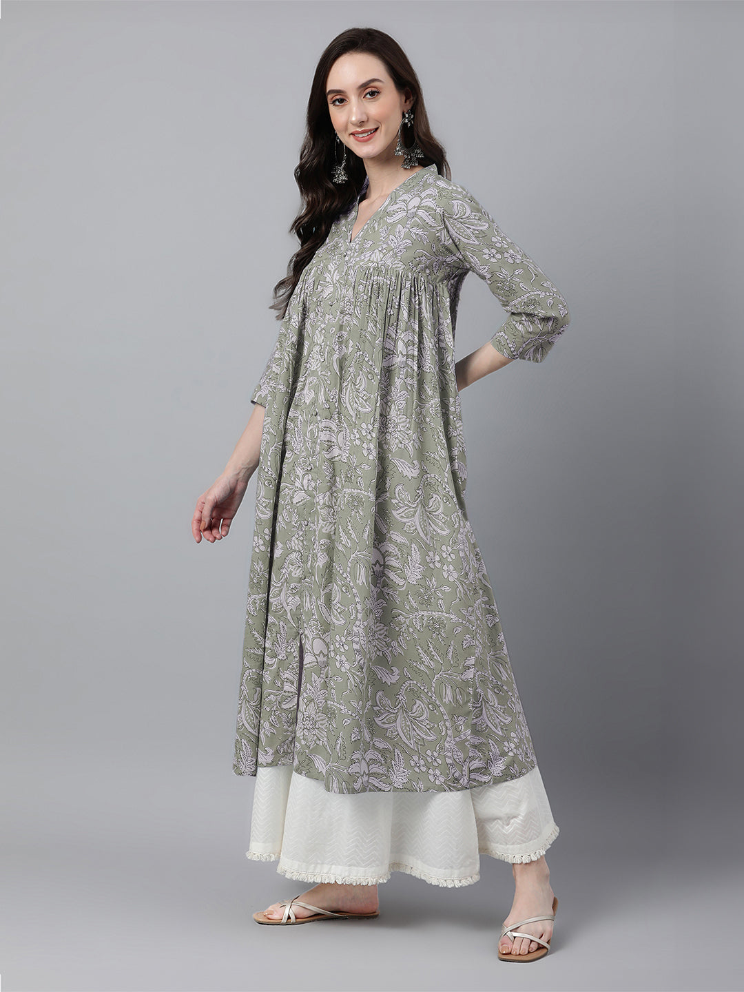 Light Green Pure Cotton Floral Printed Flared Kurta