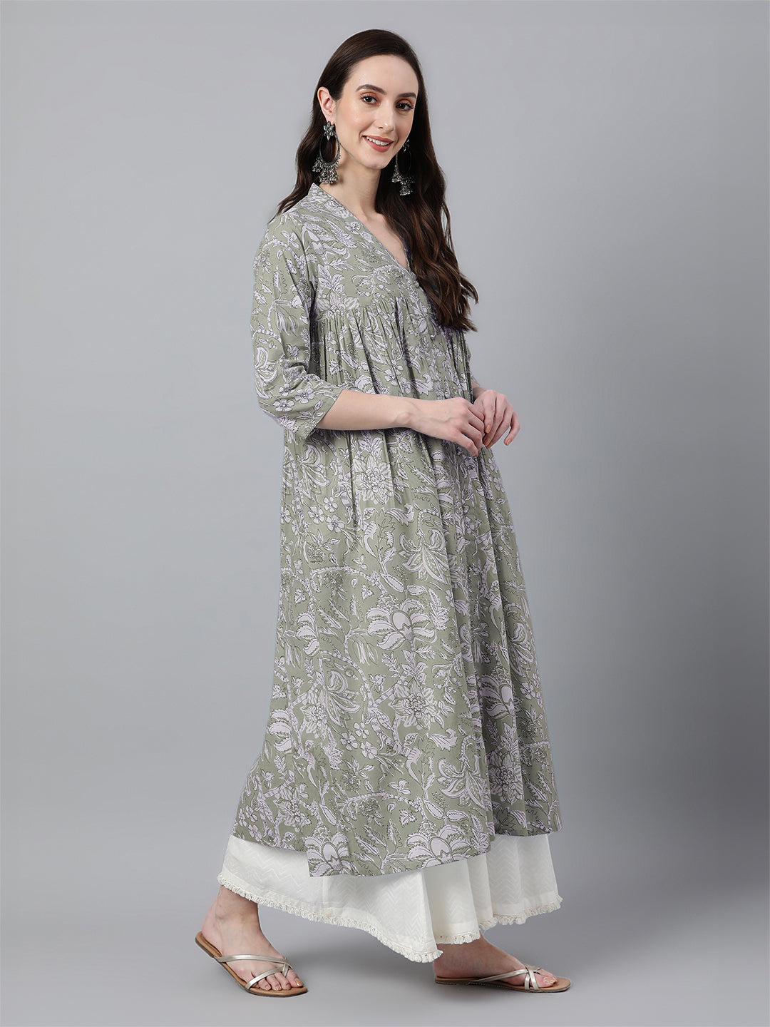 Light Green Pure Cotton Floral Printed Flared Kurta