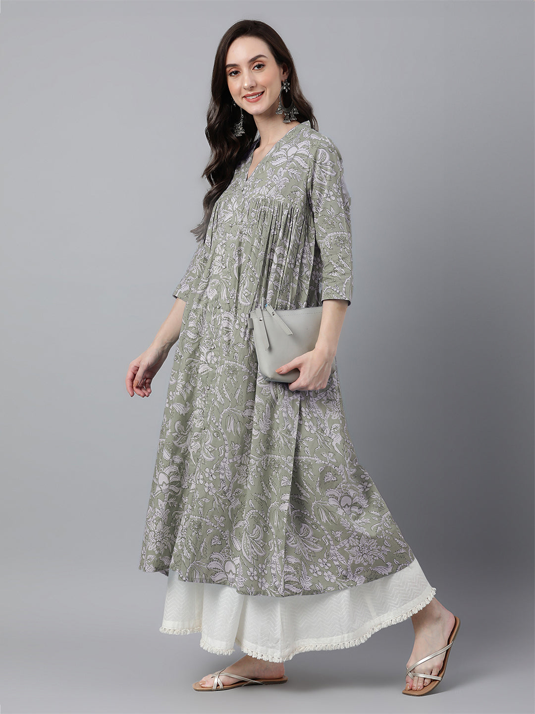 Light Green Pure Cotton Floral Printed Flared Kurta