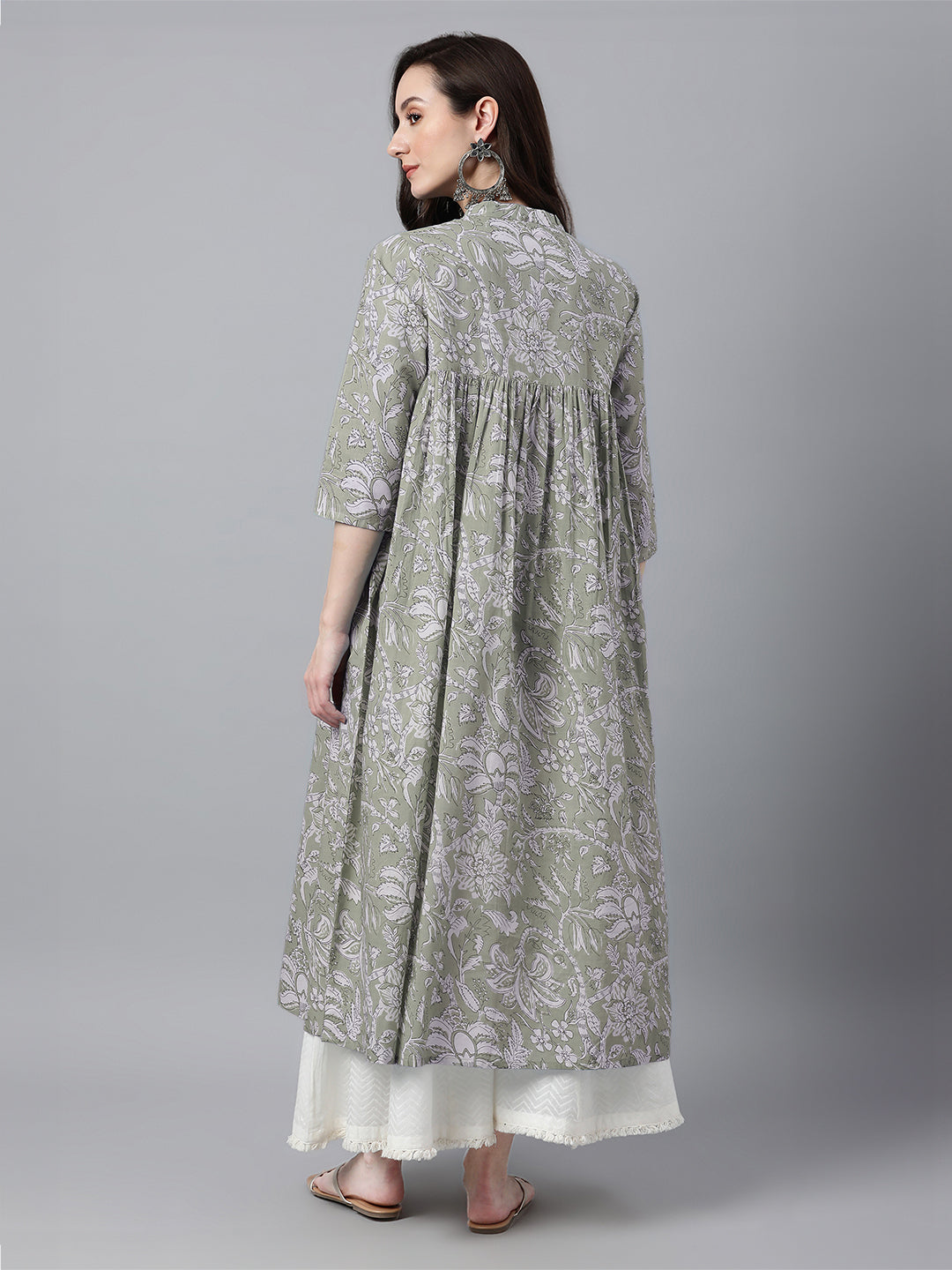 Light Green Pure Cotton Floral Printed Flared Kurta