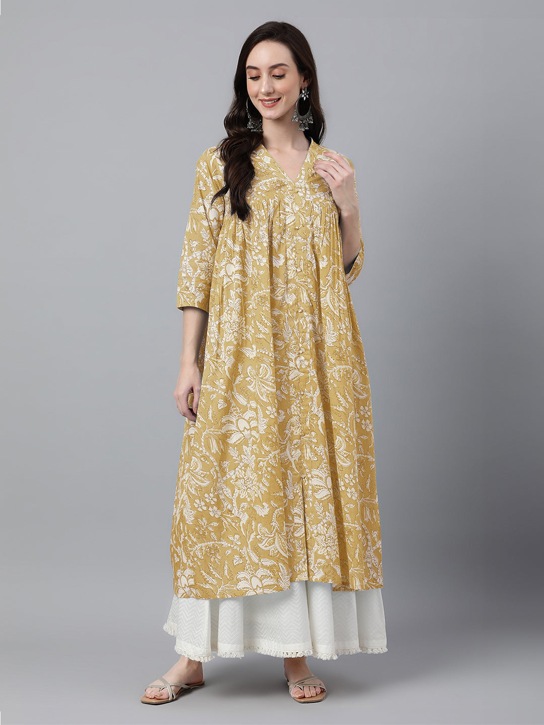 Mustard Pure Cotton Floral Printed Flared Kurta