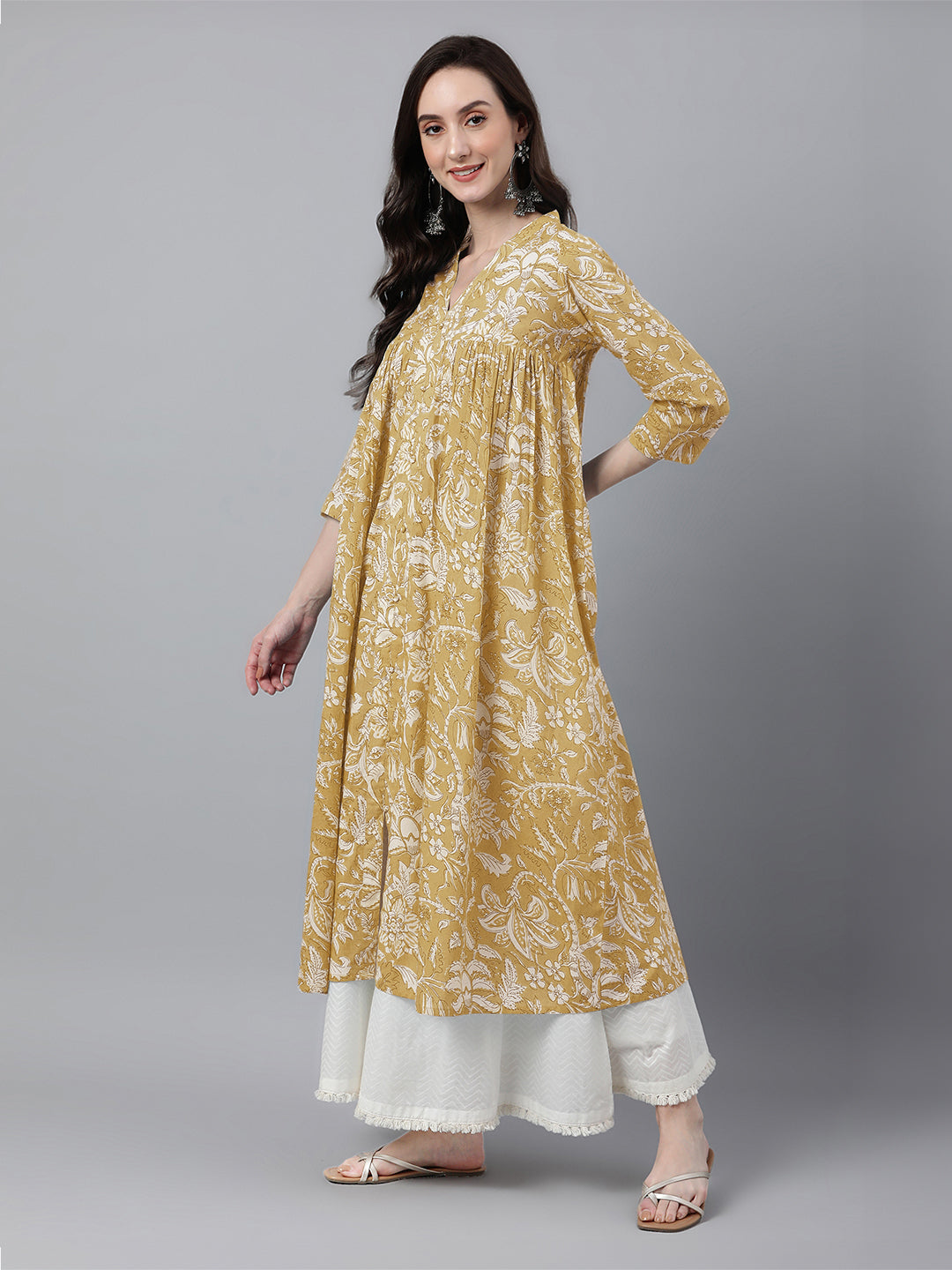 Mustard Pure Cotton Floral Printed Flared Kurta