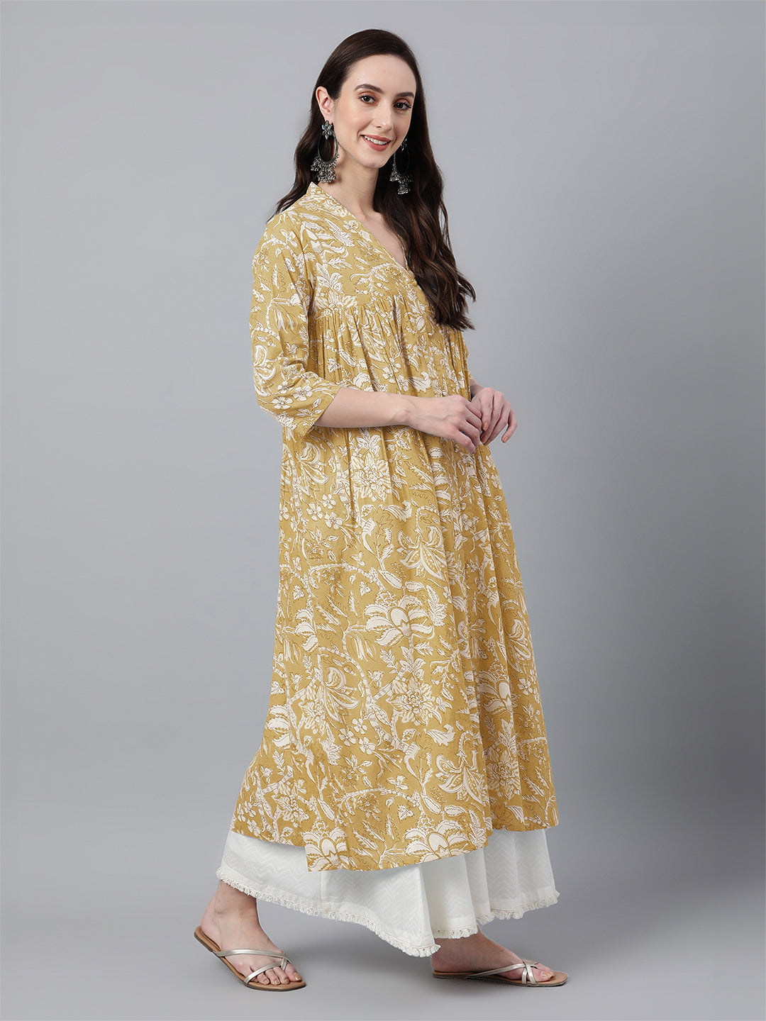 Mustard Pure Cotton Floral Printed Flared Kurta