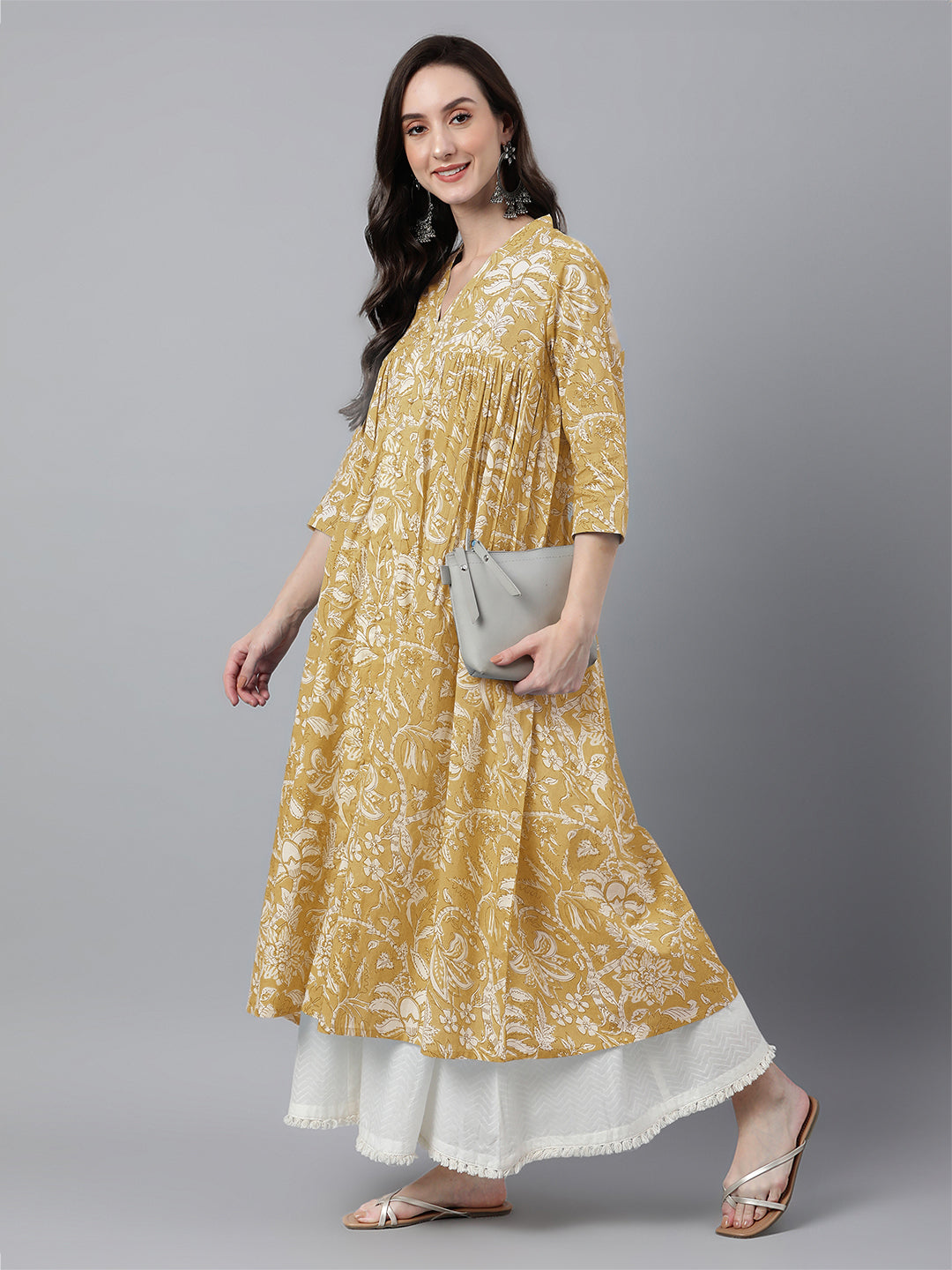 Mustard Pure Cotton Floral Printed Flared Kurta