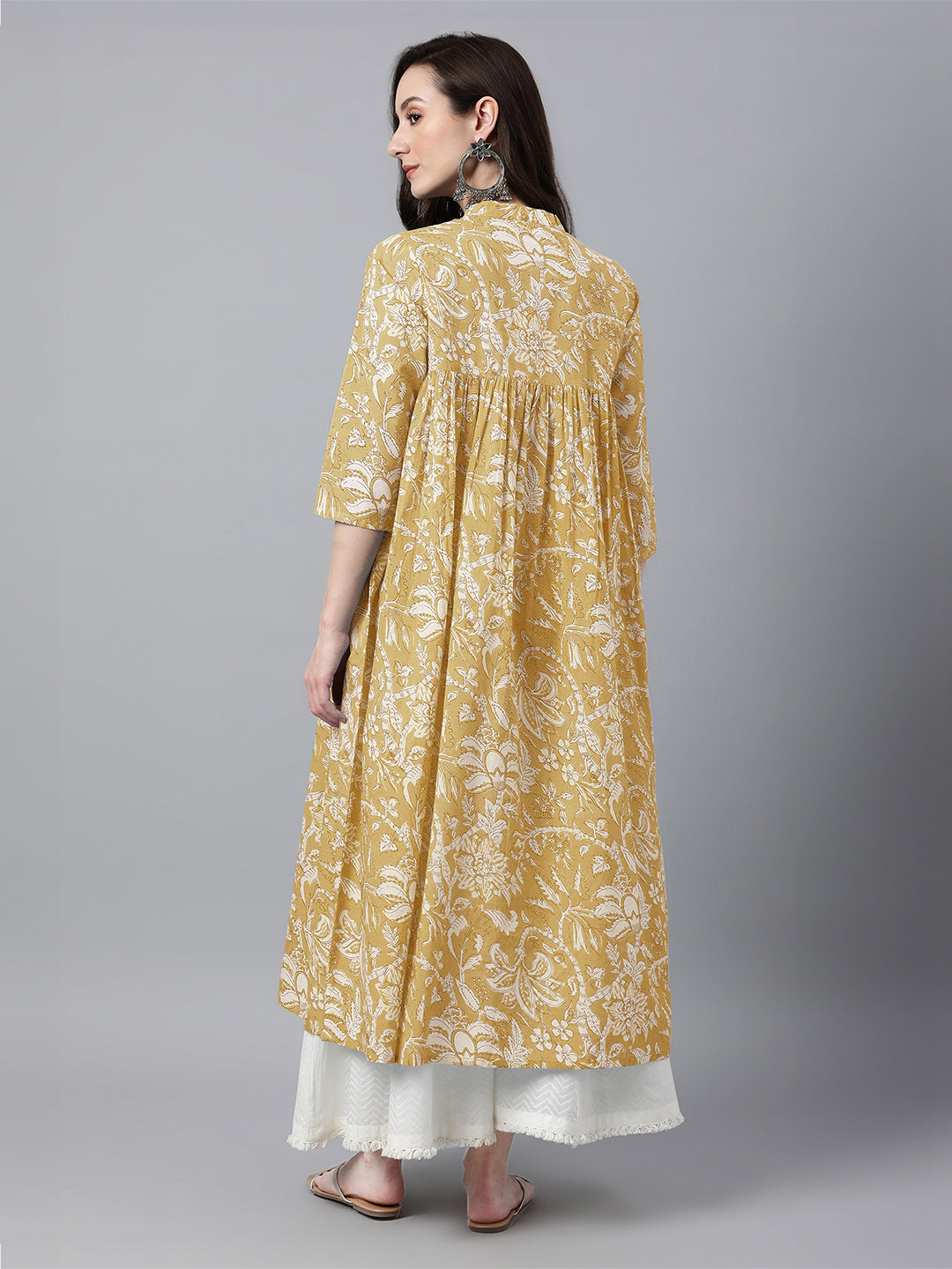 Mustard Pure Cotton Floral Printed Flared Kurta