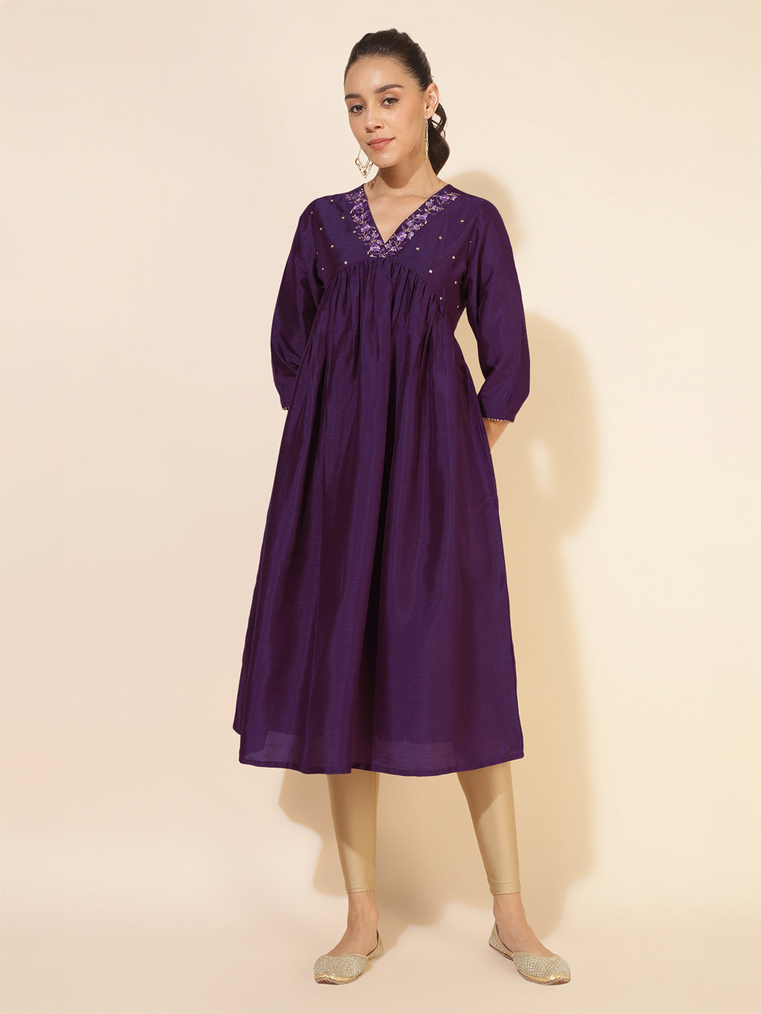 Purple Silk Blend Yoke Embroidered A-Line Kurta