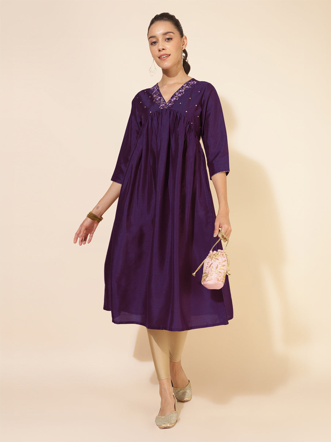 Purple Silk Blend Yoke Embroidered A-Line Kurta