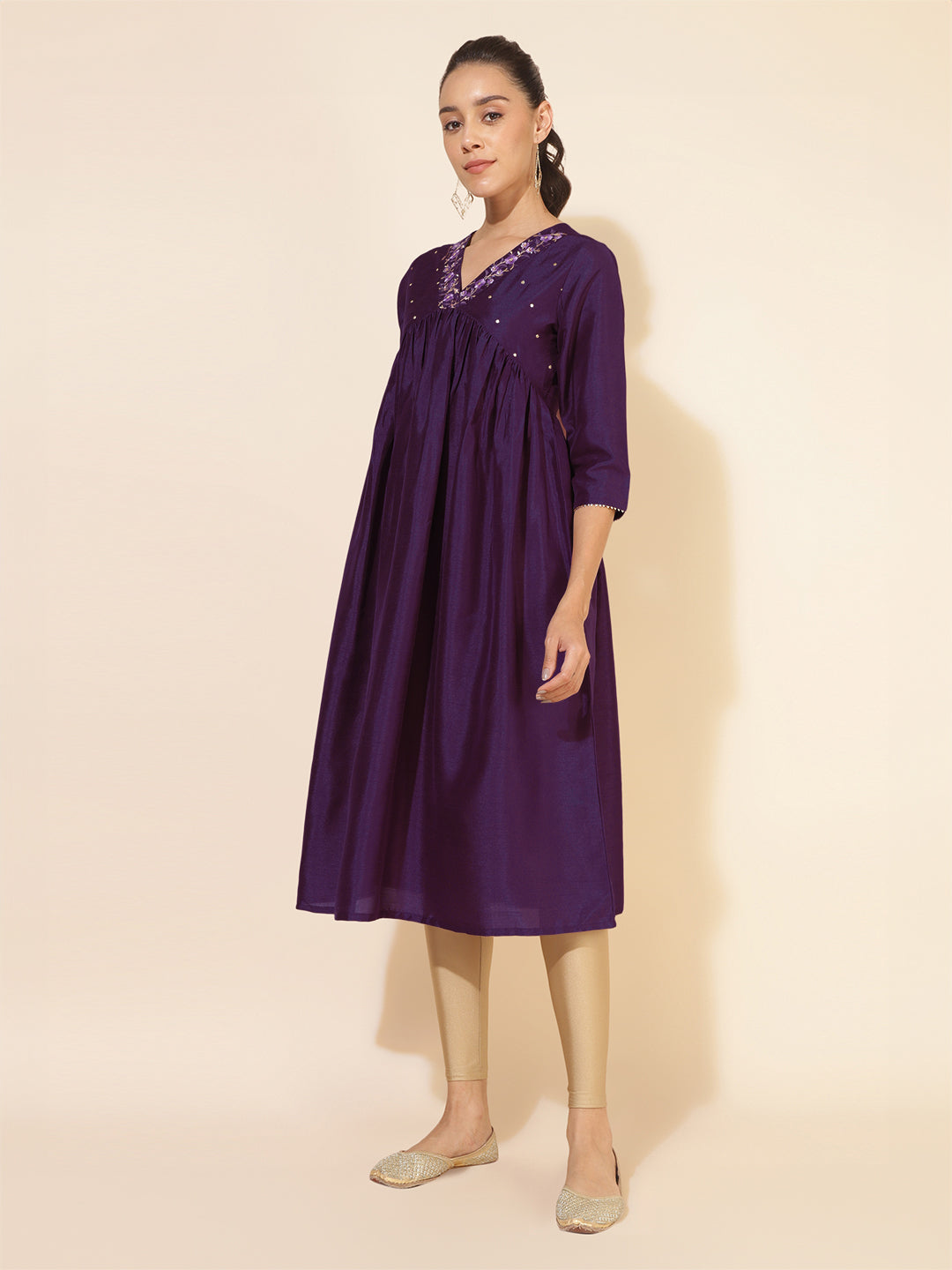 Purple Silk Blend Yoke Embroidered A-Line Kurta