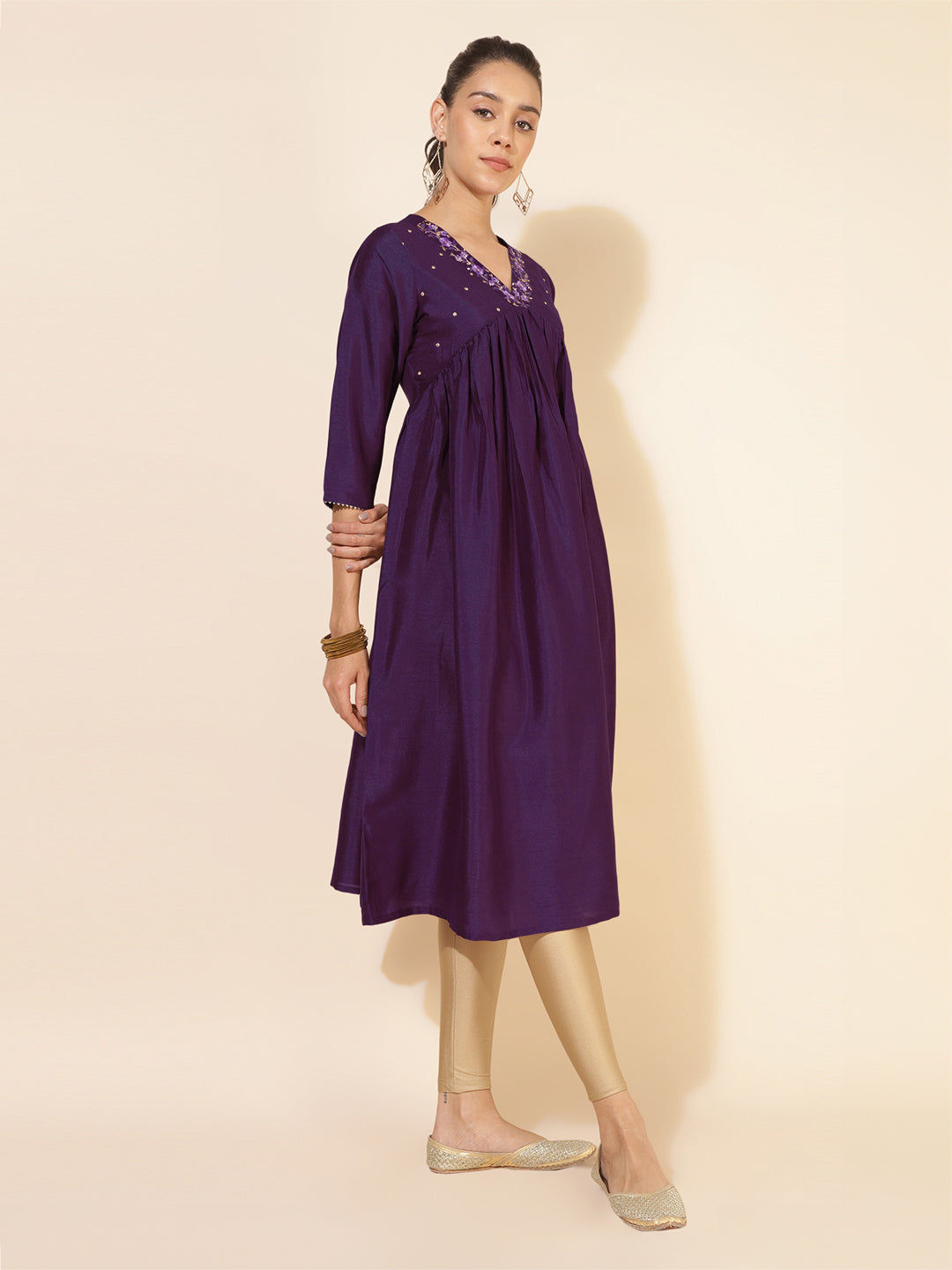 Purple Silk Blend Yoke Embroidered A-Line Kurta