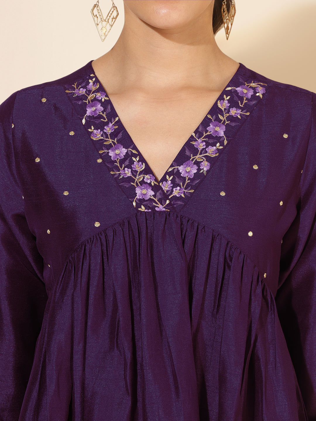 Purple Silk Blend Yoke Embroidered A-Line Kurta