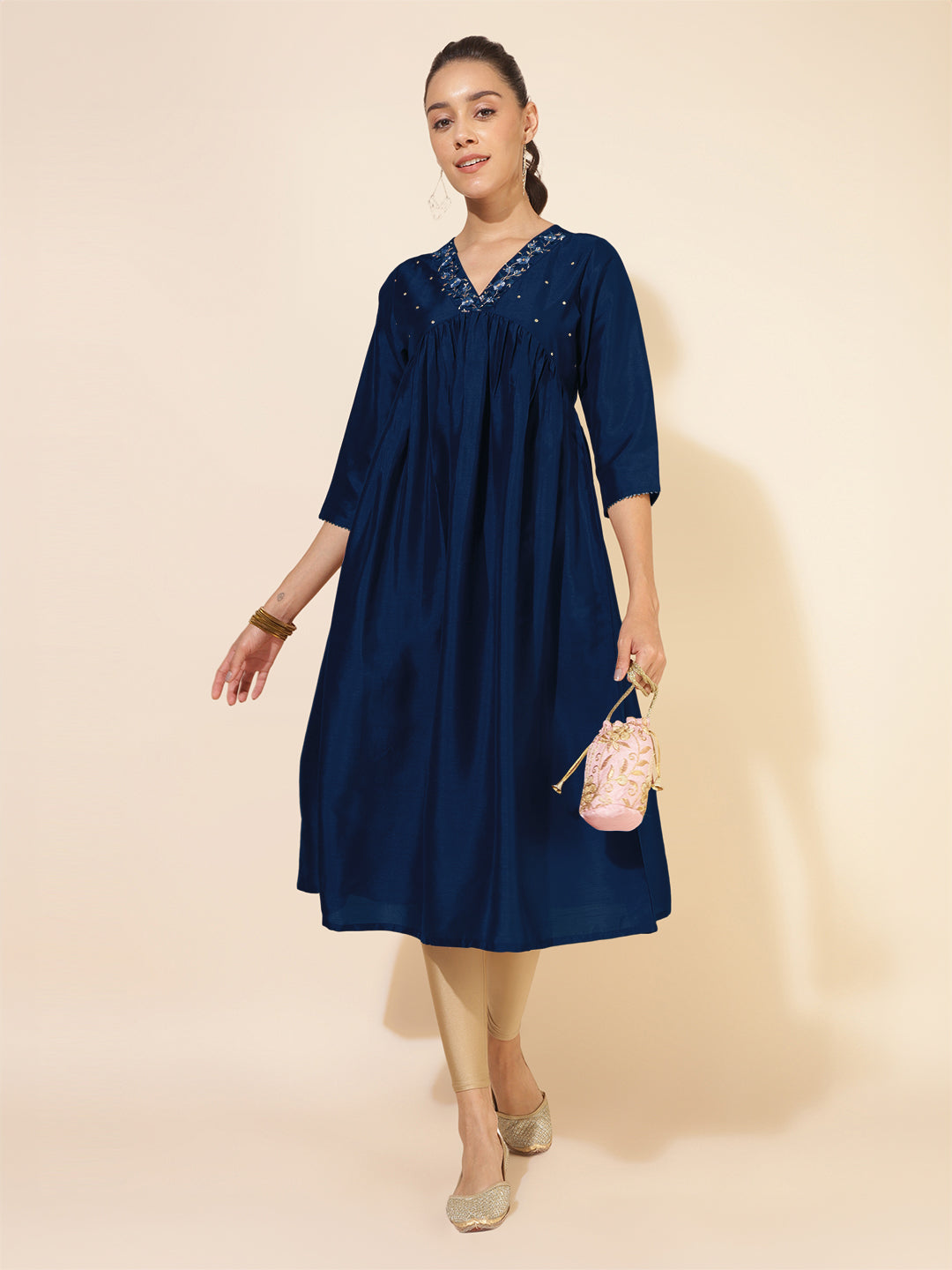 Blue Silk Blend Yoke Embroidered A-Line Kurta