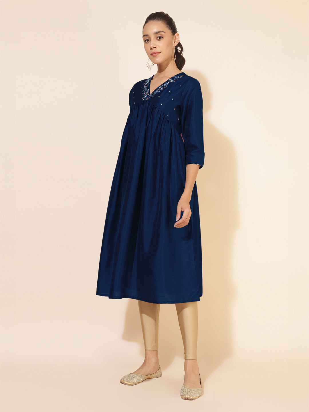 Blue Silk Blend Yoke Embroidered A-Line Kurta