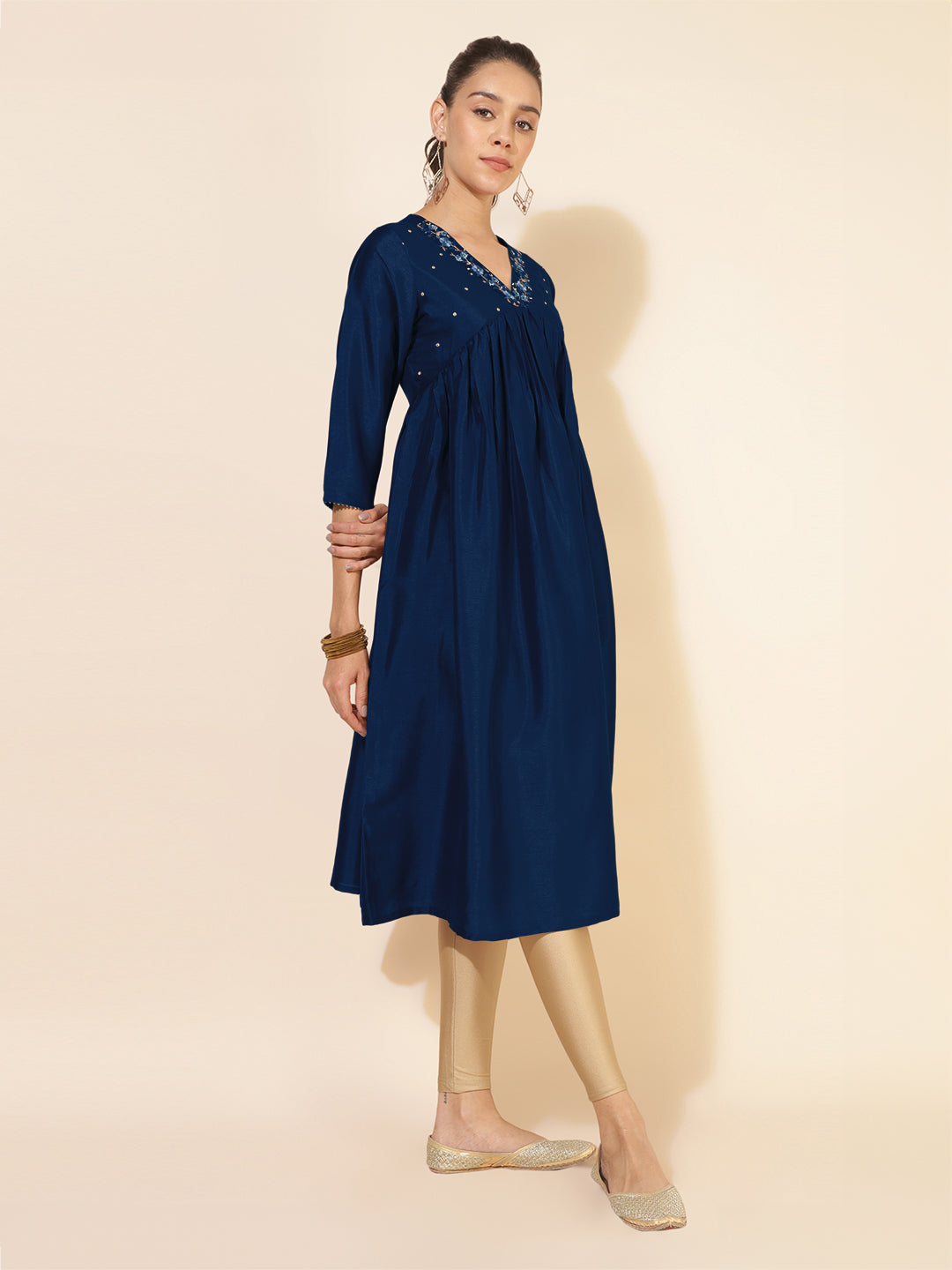 Blue Silk Blend Yoke Embroidered A-Line Kurta