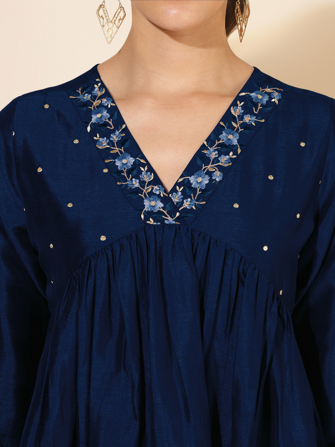 Blue Silk Blend Yoke Embroidered A-Line Kurta