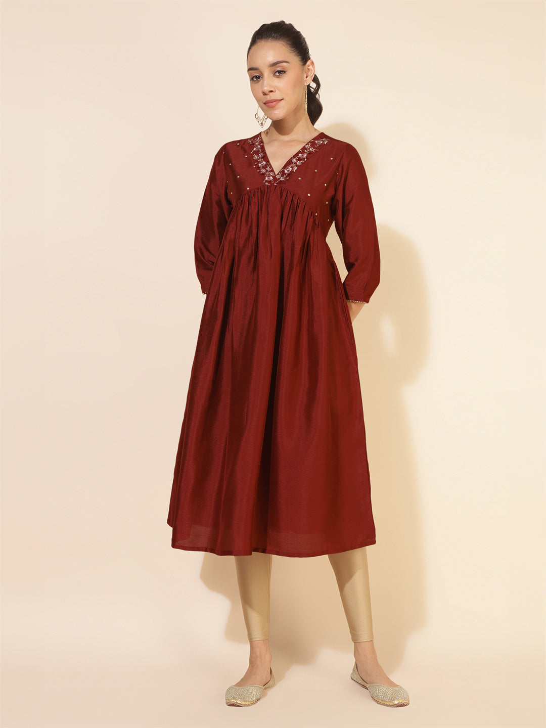 Maroon Silk Blend Yoke Embroidered A-Line Kurta