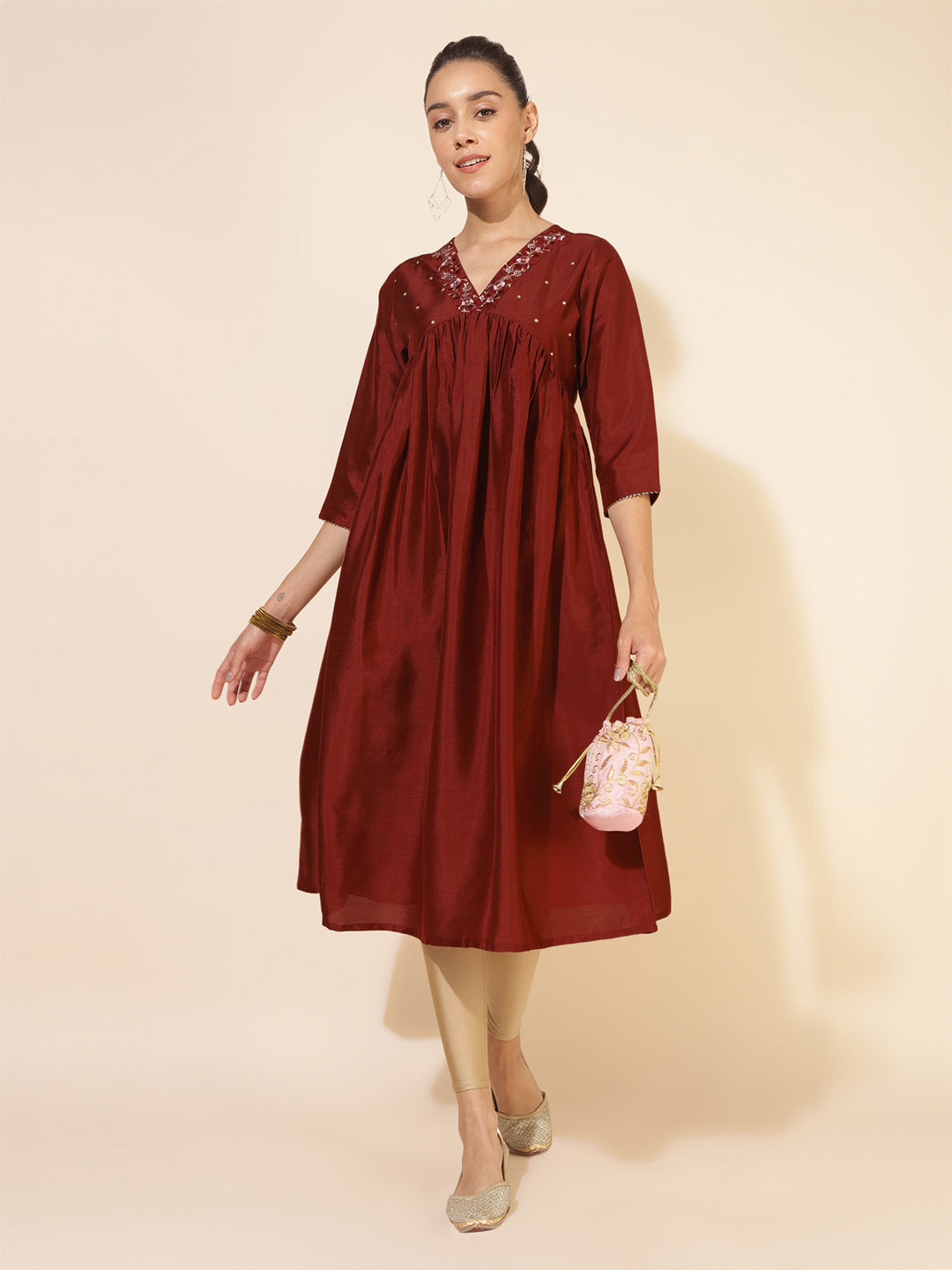 Maroon Silk Blend Yoke Embroidered A-Line Kurta