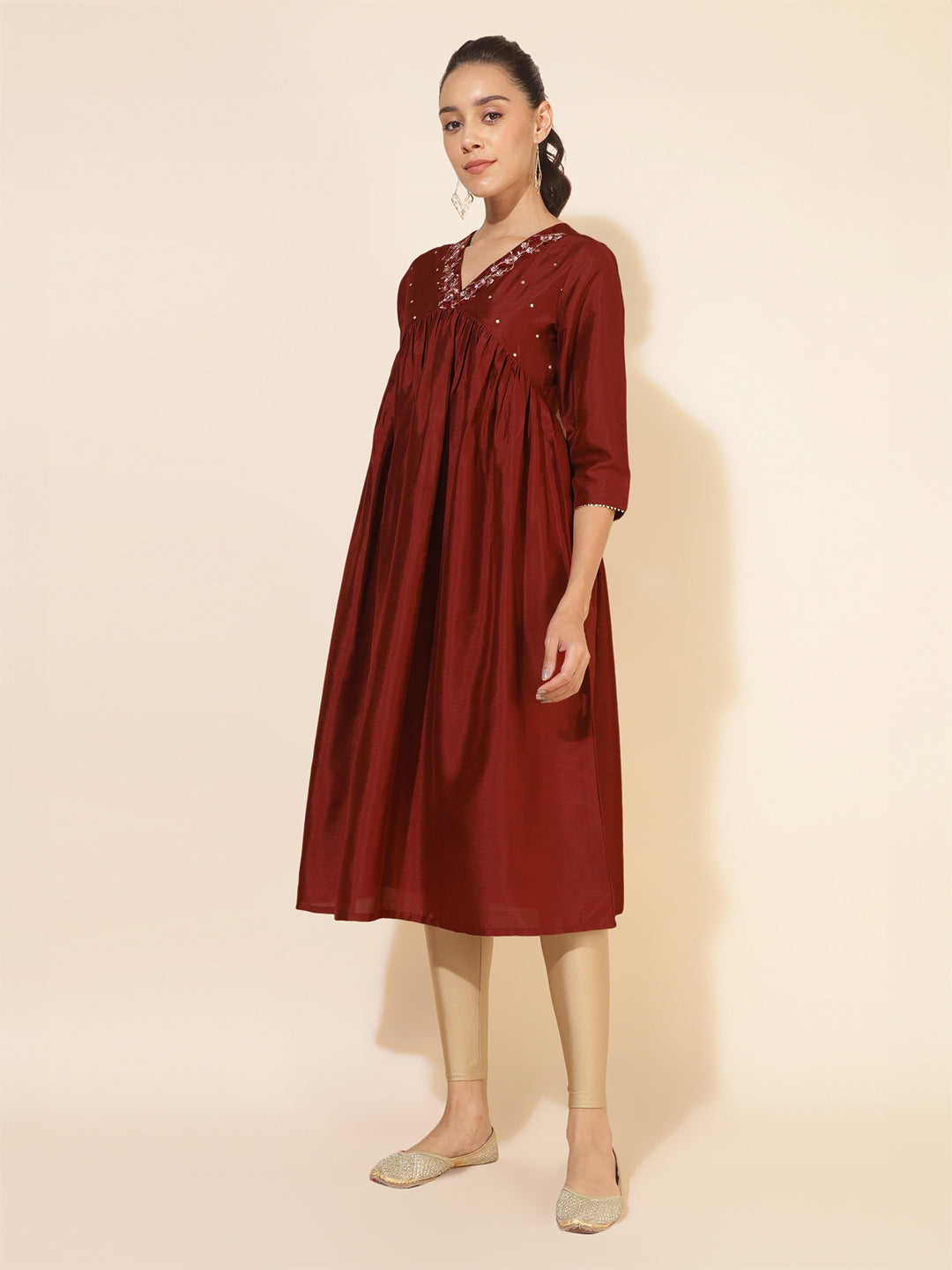 Maroon Silk Blend Yoke Embroidered A-Line Kurta