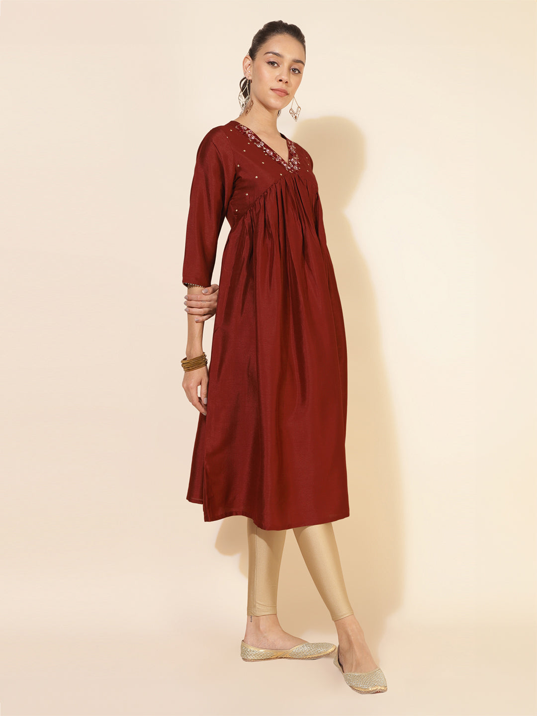 Maroon Silk Blend Yoke Embroidered A-Line Kurta