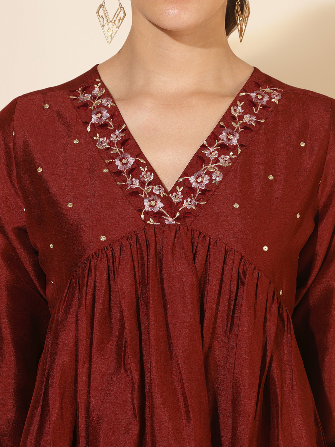 Maroon Silk Blend Yoke Embroidered A-Line Kurta