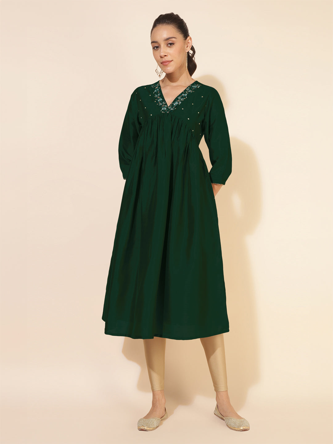 Dark Green Silk Blend Yoke Embroidered A-Line Kurta