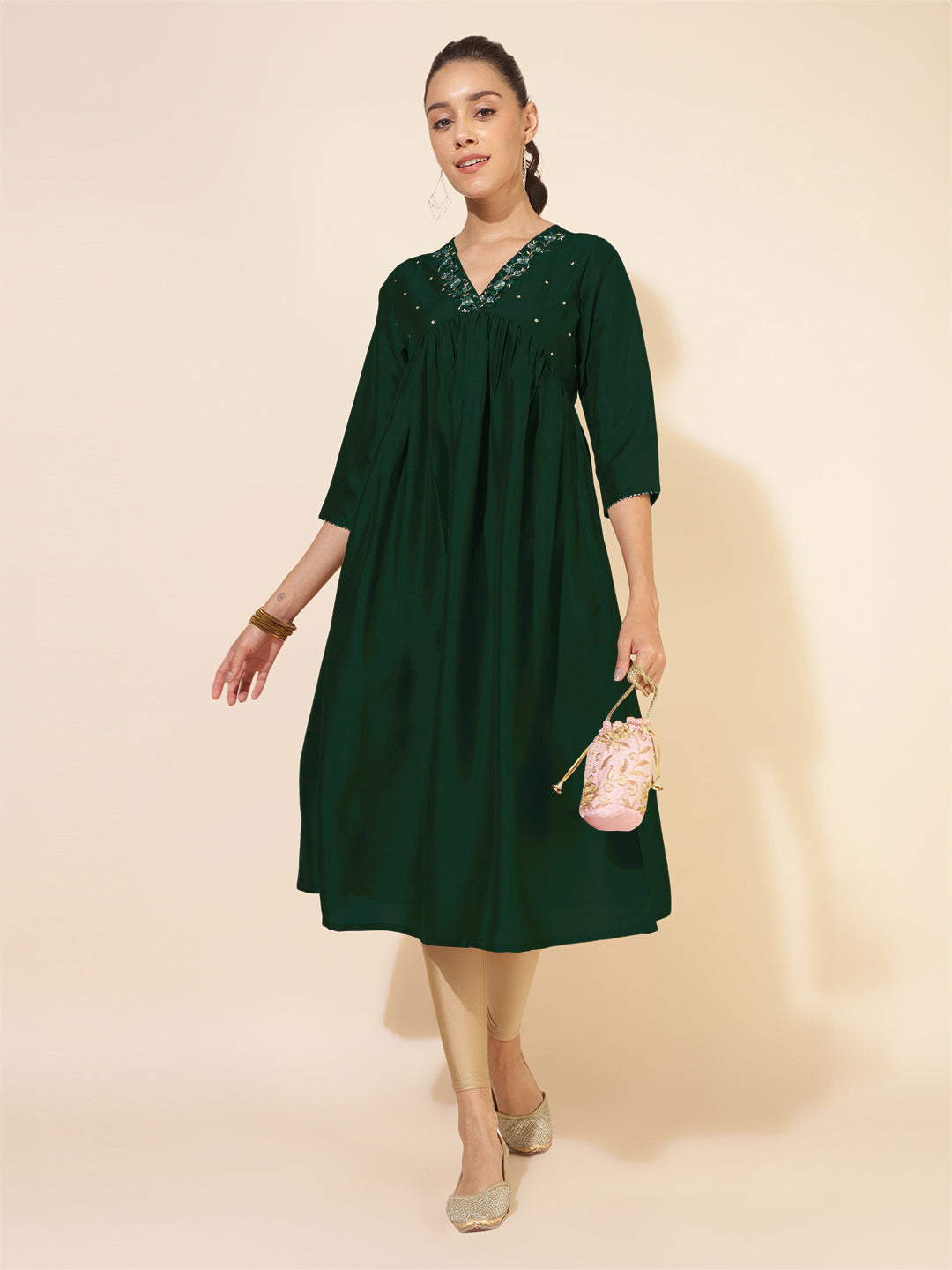 Dark Green Silk Blend Yoke Embroidered A-Line Kurta