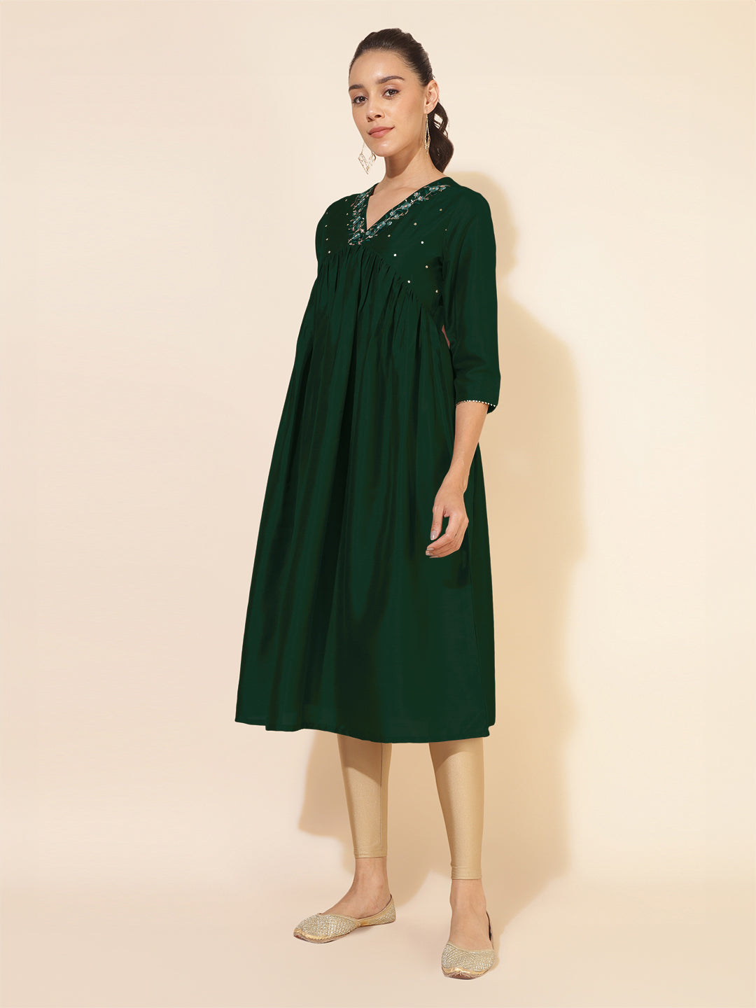 Dark Green Silk Blend Yoke Embroidered A-Line Kurta