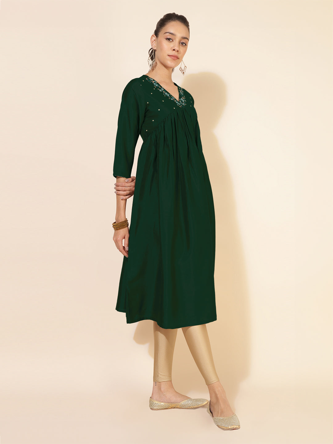 Dark Green Silk Blend Yoke Embroidered A-Line Kurta