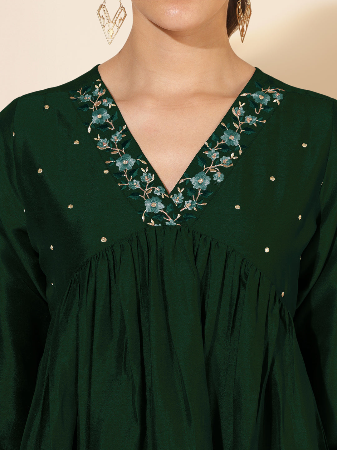 Dark Green Silk Blend Yoke Embroidered A-Line Kurta